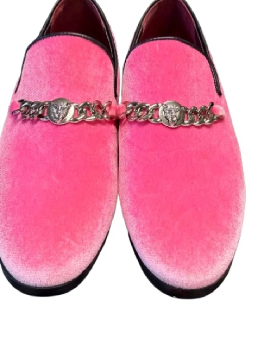 Pink Velvet Chain Loafers Smoking Slippers Lion Medallion Dress Shoes Men’s 8.5